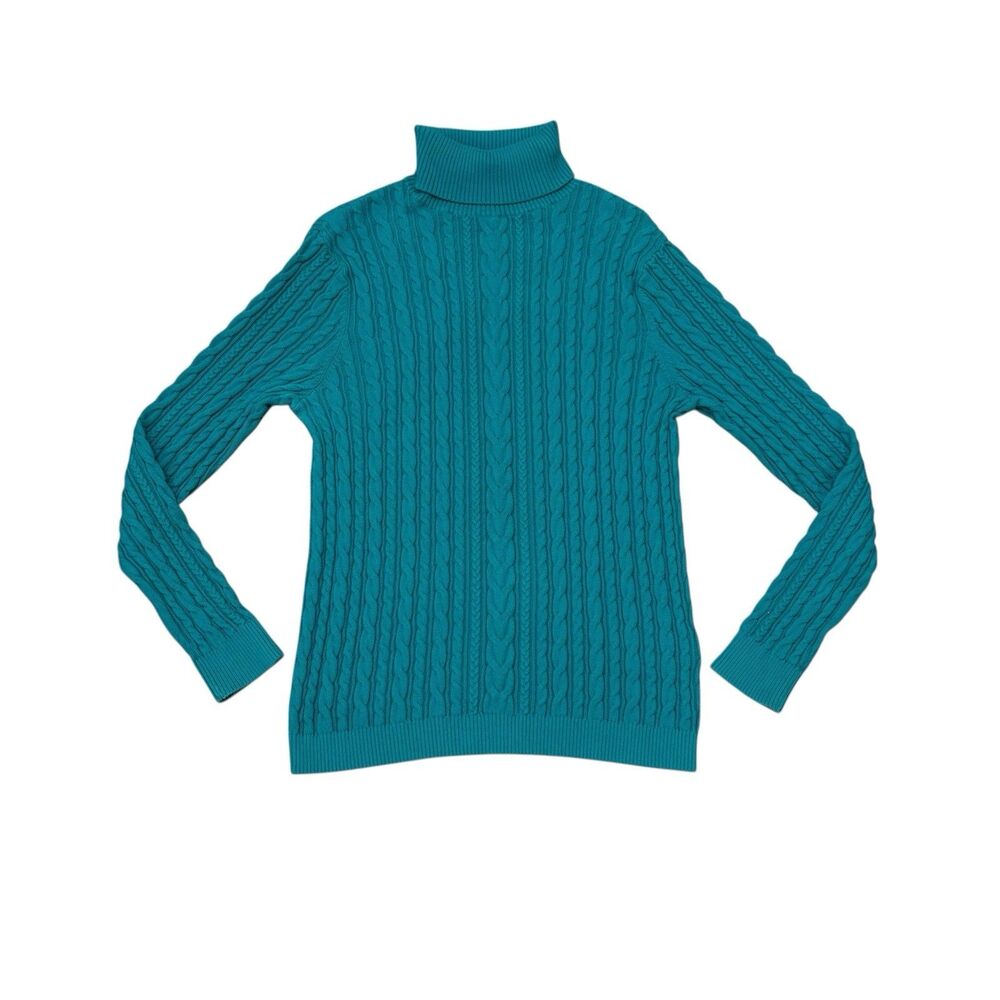 Lands’ End Turquoise Cable Knit Turtleneck Sweater Size L